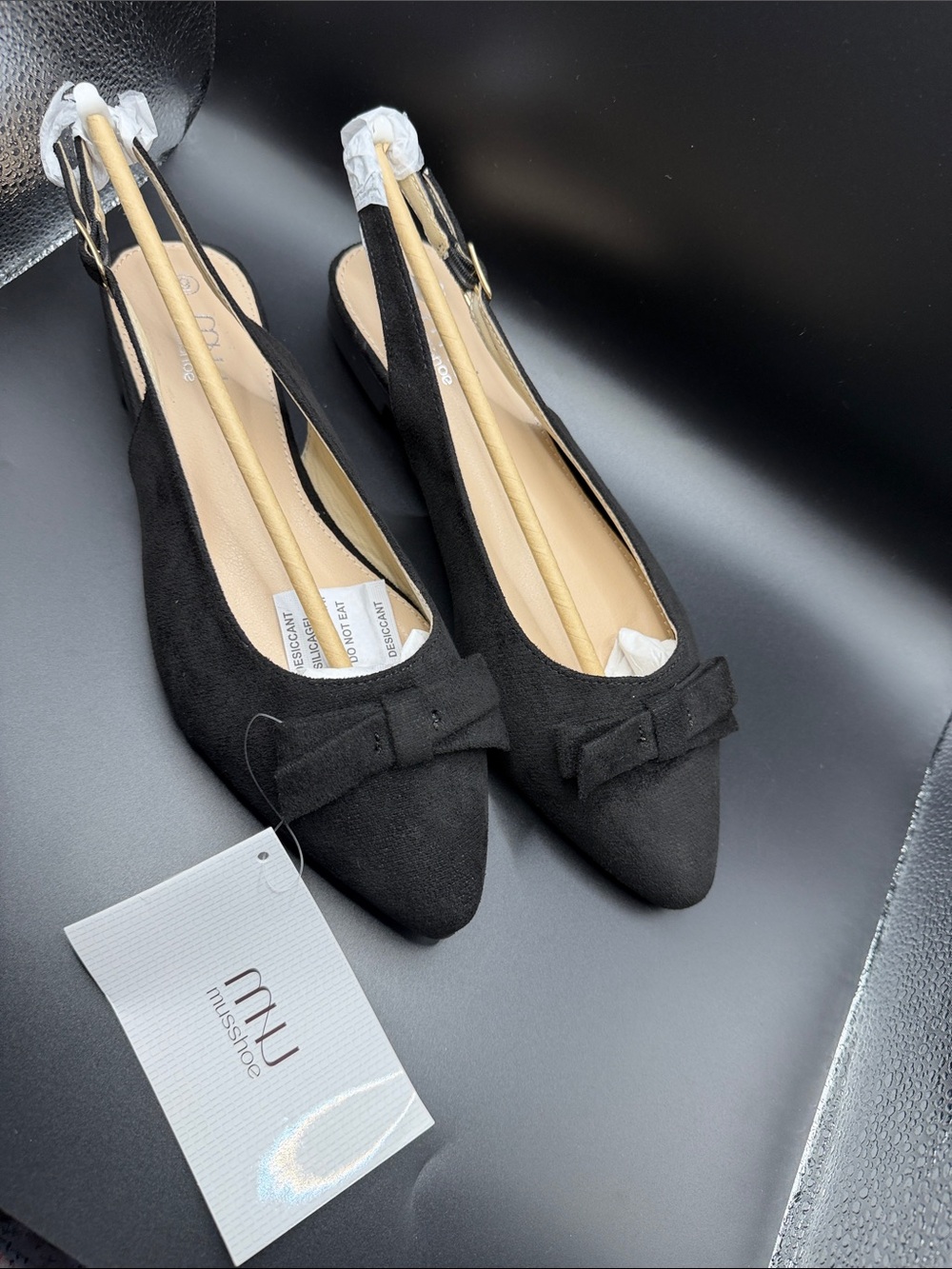 Miu Black Pointed Slingback Flats with Bow Detail